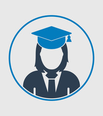 Female graduate student profile icon with gown and cap. Flat style vector EPS.