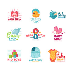 Fototapeta premium Set templae design color logo for baby store. Symbol, label and badge for children shop with element newborn stuff. Vector.