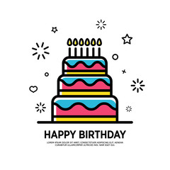 Design banner for happy birthday in flat style. Postcrd for Happy Birthday sale with line and color cake. Vector