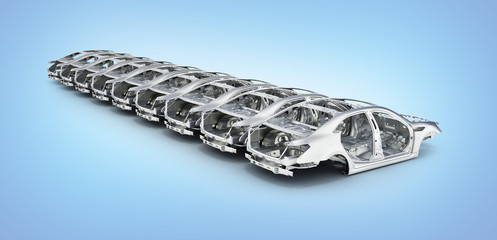 Car bodies lined up in a row isolated on blue gradient background 3d illustration