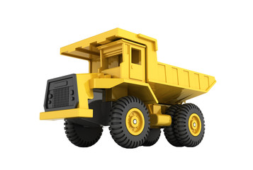 Yellow toy dump truck isolated on grey gradient background 3d render without shadow