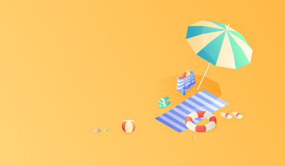 Summer. Vacation and travel concept. Umbrella, beach chair and a ball on the beach. Flat style vector illustration