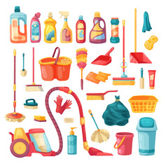 Household set and cleaning supplies icons. Cartoon vector illustration with cleaning products, household chemicals and  goods for home. Vector