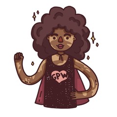 Design banner with a young african girl.  Cute cartoon woman with vitiligo. Happy character for a body positive poster or banner.  Feminist teenager dark skin tone model with girl power sign. Vector.