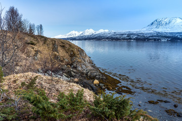 Coast of the Norwegian Sea. Lyngen Alps.Tromso