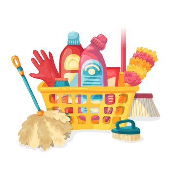 Design banner House cleaning with  cleaning products. Cartoon illustration household chemicals. Temlate for flyer clean up service.  Basket with Goods for home.  Vector