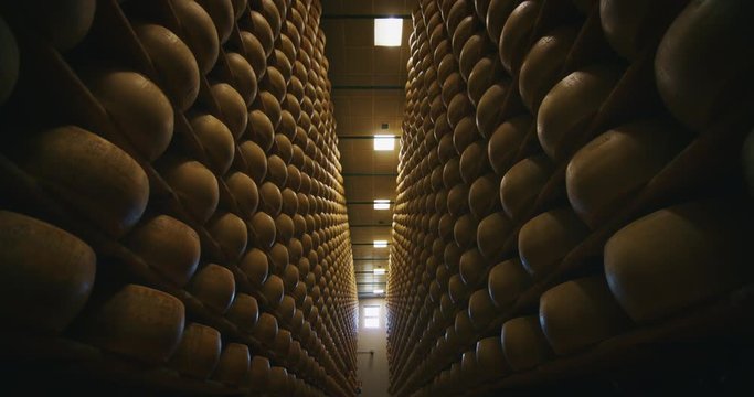 Slow motion slider view of lots of wheels of parmesan cheese are maturing by ancient Italian tradition for many months on shelves of a storehouse.