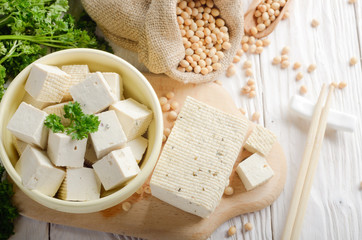 Soy Bean curd tofu in clay bowl and in hemp sack on white wooden kitchen table. Non-dairy alternative substitute for cheese. Place for text - obrazy, fototapety, plakaty