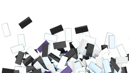 Heap of Smart Phones on white background no shadow with place for your text 3d render Illustration