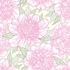 Seamless pattern with peony flowers hand drawn in lines. Graphic doodle sketch floral background. Vector illustration