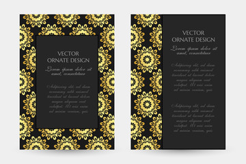 Golden floral motif. Luxury vertical posters with decorative frame and border on the black background.