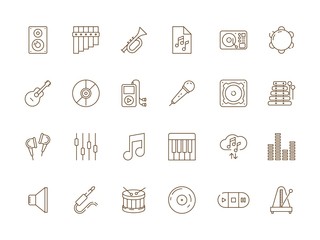 Music icon. Musical audio dj studio equipment guitar piano microphone vector thin line pictures. Illustration of studio device, piano and microphone, guitar and equipment