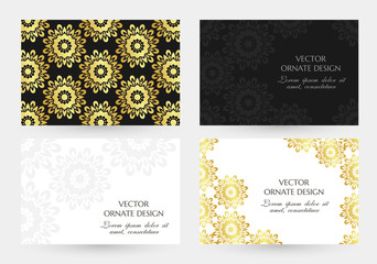 Fototapeta na wymiar Golden floral motif. Cards collection. Horizontal banners with decoration elements on the black and white background.