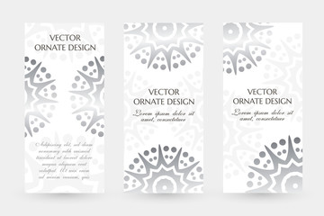Silver star shape motif. Graceful vertical flayers with decoration elements on the white background.