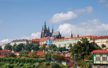 Prague Castle view from Svatopluk Cech Bridge on Vltava river