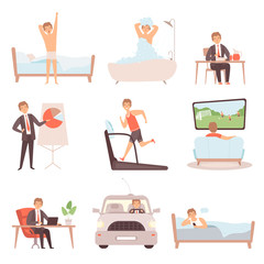 Active man daily routine. Lifestyle everyday businessmen work busy people vector character isolated. Office character in routine, busy daily illustration