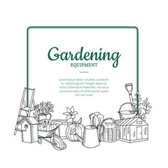Vector gardening doodle icons below frame with place for text illustration. Gardening equipment, wheelbarrow and tool