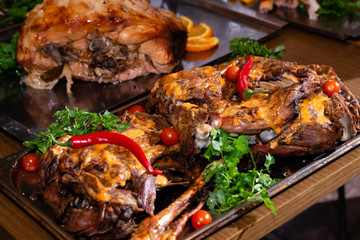 baked meat on a metal tray