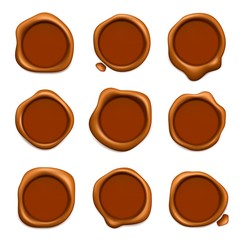 Postal wax stamp. Warranty or mail rubber red waxing stamps collection realistic template. Wax seal stamp, postal label insignia illustration