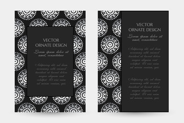 Silver star shape motif. Luxury vertical posters with decorative frame and border on the black background.