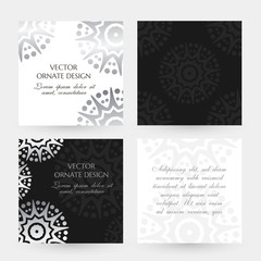 Silver star shape motif. Square cards collection. Banners with decoration elements on the black and white background.