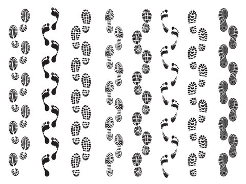 Footprints shapes. Movement direction of human shoes boots walking footprints vector silhouettes. Footprint and imprint trail, footwear human walking illustration