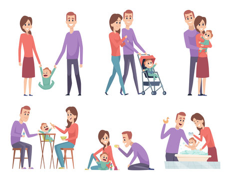 Family couples. Love mother and father playing with their little kids happy mom dad parents vector illustrations. Father and mother with child