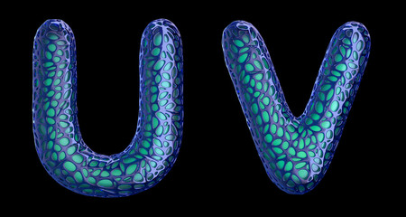 Realistic 3D letters set U, V made of blue plastic.