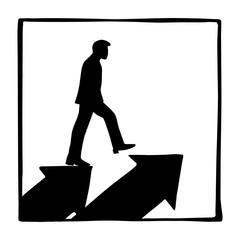 silhouette businessman walking on two arrow vector illustration sketch doodle hand drawn isolated on white square background. Business concept.
