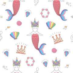 Seamless pattern cute mermaid cartoon hand drawn style.vector and illustration - 263396545