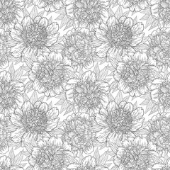 Seamless pattern with peony flowers hand drawn in lines. Graphic doodle sketch floral background. Vector illustration