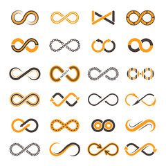 Infinity icons. Contouring shapes of eternity vector two-color symbols. Illustration of infinity and eternity figure, dynamic chain continual - obrazy, fototapety, plakaty