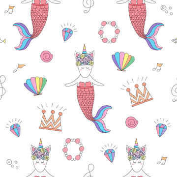 Seamless pattern cute mermaid cartoon hand drawn style.vector and illustration