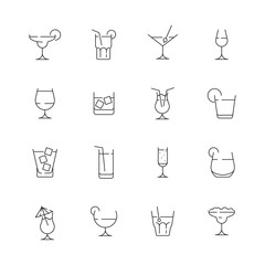 Glass for drink icons. Cocktail and alcoholic drink for party liquid martini with ice bar pictogram vector collection. Illustration of alcohol drink, martini beverage and whiskey - obrazy, fototapety, plakaty