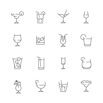 Glass for drink icons. Cocktail and alcoholic drink for party liquid martini with ice bar pictogram vector collection. Illustration of alcohol drink, martini beverage and whiskey