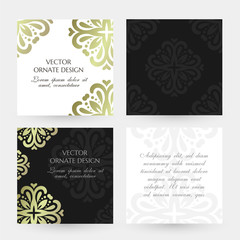 Bronze floral ornament. Square cards collection. Banners with decoration elements on the black and white background.