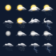 Fototapeta na wymiar Meteo realistic icon. Clouds sun rain wind snow vector weather symbols. Illustration of meteo forecast, meteorology interface