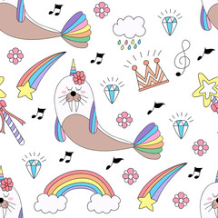 Seamless pattern cute sea lion cartoon hand drawn style.vector and illustration