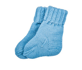 Children's wear -  kid's baby blue knitted socks, booties, baby's bootees, isolated on white background