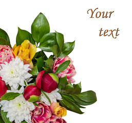 Bouquet of tulips, peonies, dahlias isolated on white background. Place for text.