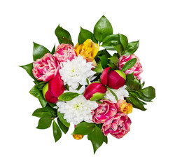 Bouquet of tulips, peonies, dahlias isolated on white background. View from above.