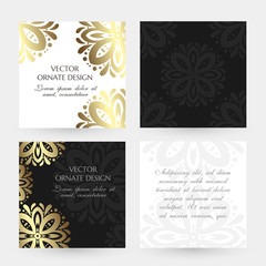 Bronze floral decor. Square cards collection. Banners with decoration elements on the black and white background.