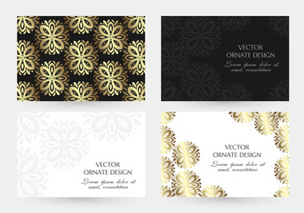 Bronze floral decor. Cards collection. Horizontal banners with decoration elements on the black and white background.