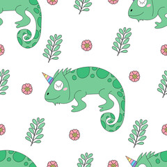 Seamless pattern cute chameleon cartoon hand drawn style.vector and illustration