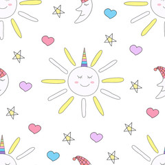 Seamless pattern cute sun cartoon hand drawn style.vector and illustration
