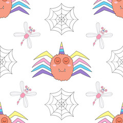 Seamless pattern cute spider cartoon hand drawn style.vector and illustration - 263399331