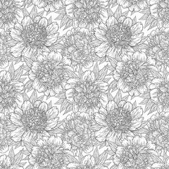 Seamless pattern with peony flowers hand drawn in lines. Graphic doodle sketch floral background. Vector illustration