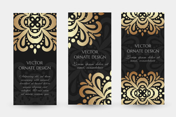 Bronze floral motif. Luxury vertical flayers with ornaments on the black background.