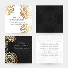 Bronze floral motif. Square cards collection. Banners with decoration elements on the black and white background.