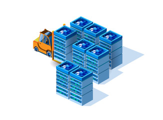 Equipment for data center. The concept of installing equipment for data center. Server cabinets with cooling. Vector 3d isometric illustration of equipment installation for data center